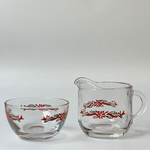 Anchor Hocking Poinsettia & Ribbons Sugar and Creamer Set of 2